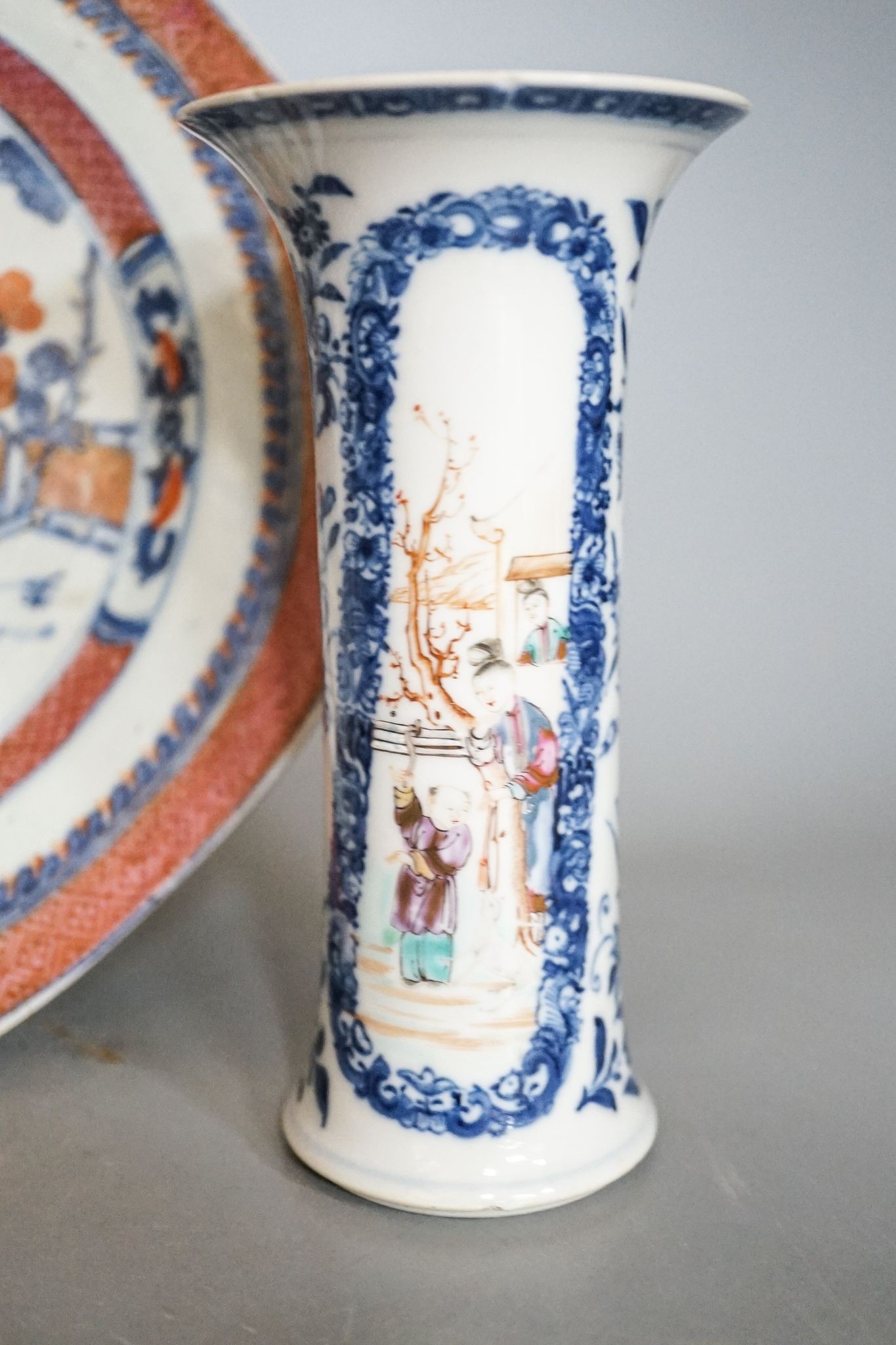 An 18th-century Chinese famille rose small vase, a similar octagonal plate, a 19th-century Cantonese dish and a crackle glaze arrow vase, tallest 15cm